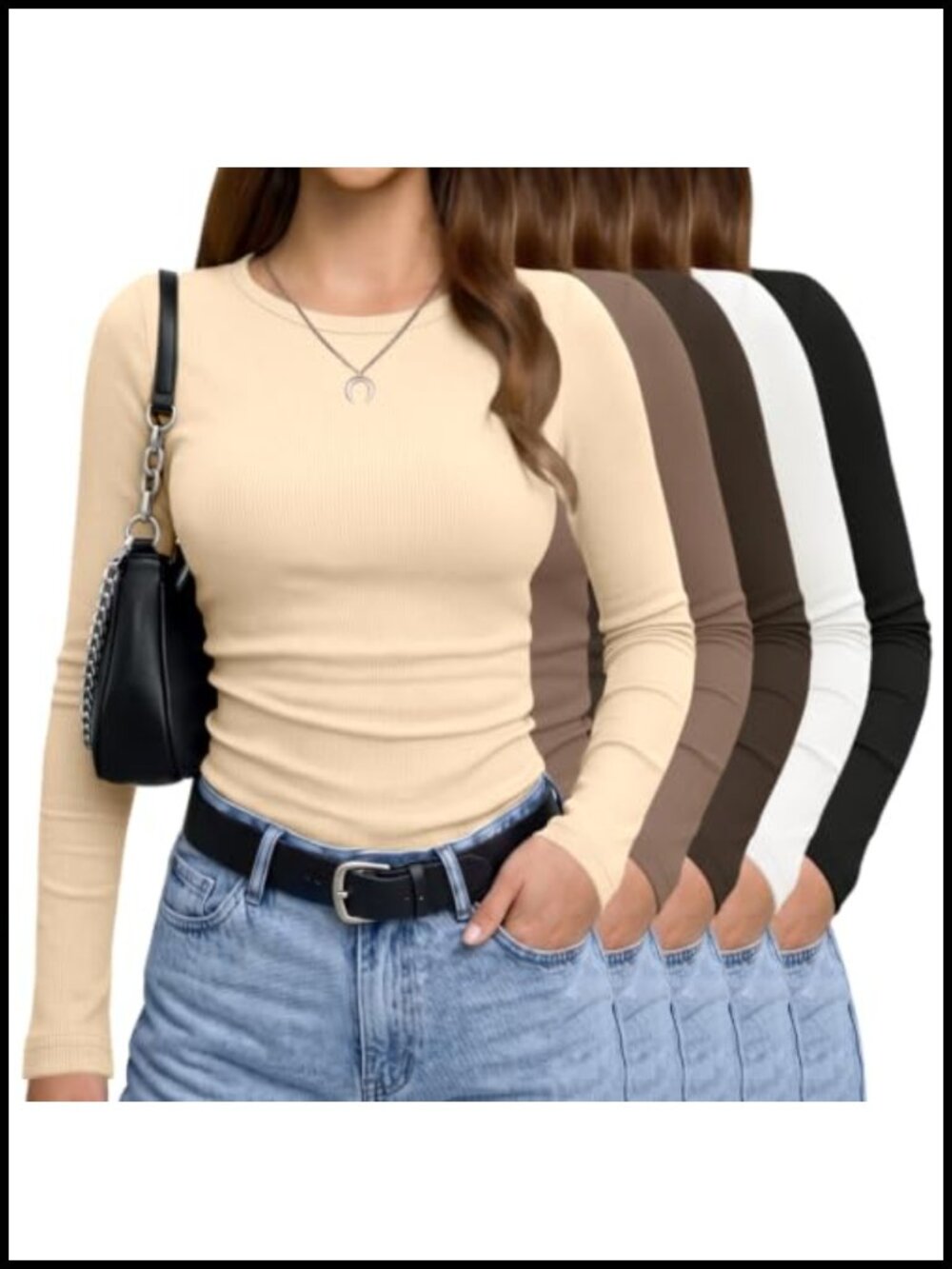 Ribbed Long Sleeve Crew Neck T-Shirt 5 Pack Slim Fit Layering Top